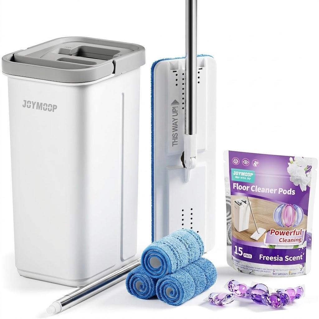 JOYMOOP Mop and Bucket Set with Freesia Scent Floor Cleaner Pods, Commercial and Household Flat Mop System with 3 Reusable Microfiber Pads and 15 Mop Soap Pods for Efficient Floor Cleaning
