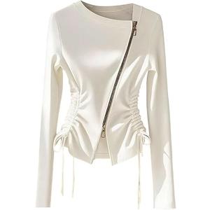 SOLY HUX Women's Zip Up T Shirt Asymmetrical Neck Long Sleeve Drawstring Tee Slim Fitted Tops Fall Clothes Pure White Small
