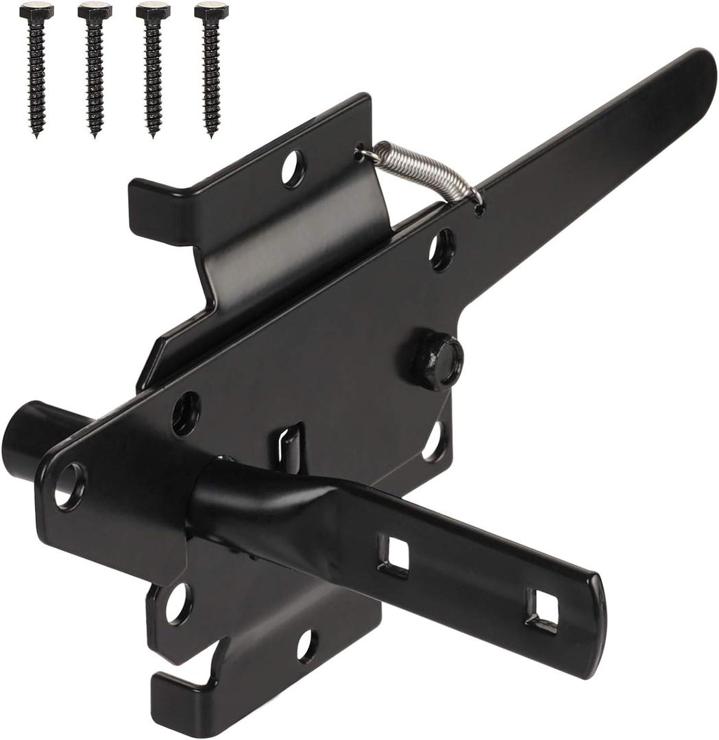 Post Mount Gate Latch for Wooden Fence - Heavy Duty Self Locking Gate Latch Hardware for Pool/Garden Gate Safety Latch, Automatic Fingertip Release Latches for Vinyl/Wood Fence, Black Finish