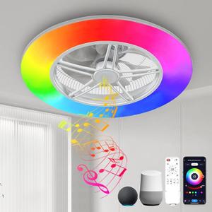BAYSQUIRREL Alexa WiFi Low Profile Ceiling Fan with Light Flush Mount Enclosed Ceiling Fan 22" LED Dimmable Bladeless Ceiling Fans with Google Assistant/App Control,6 Speed Dimmable LED-RGB Lights