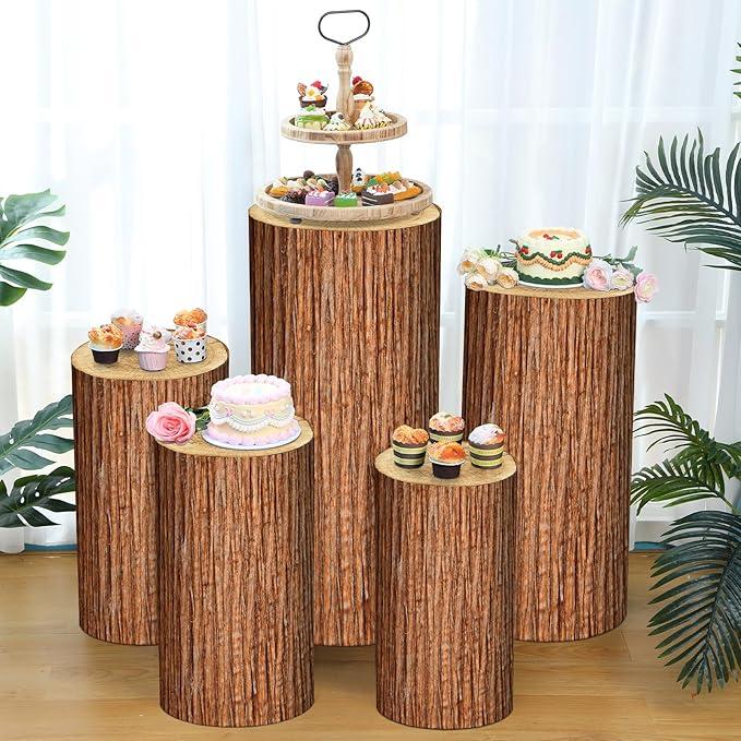 Set of 5 Wooden Texture Cylinder Stand Covers Spandex Pedestal Stand Cover for Party Wedding Baby Shower Birthday Decorations Only Contains Assorted Size Elastic Cylinder Cover(Wood Color)