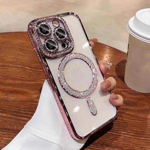 LXK Magnetic Case for iPhone 16 Pro 6.3" [Compatible with MagSafe] Military-Grade Protection, Clear Cute Glitter Bling Cover Sparkle Diamond Camera Protection Case for iPhone 16 Pro Women Girls, Pink