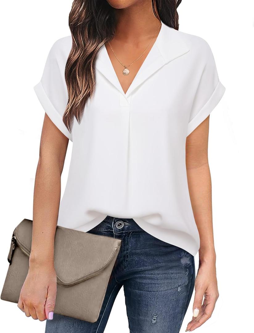 Timeson Women's Short Sleeve Chiffon Blouses for Office Work Business Attire Collared Shirts (White) S