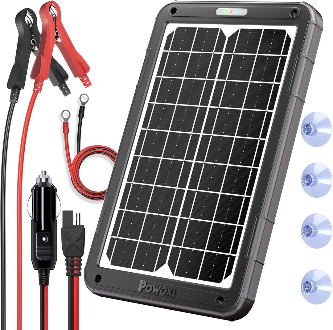 POWOXI 12V Solar Car Battery Charger: 15W Solar Panel Kit Battery Trickle Charger Maintainer with Smart PWM Controller for Car - RV Boat Marine Motorcycle - for Trailer Truck Snowmobile Tractor