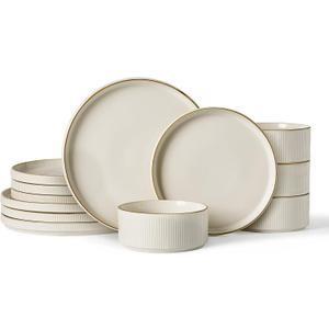 famiware Star Dinnerware Set, Plates and Bowls Sets for 4 (12pcs), Ribbed Stoneware Dishes - Chip & Scratch Resistant, Microwave & Dishwasher Safe Tableware, White