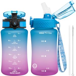 OLDLEY Kids Water Bottle for School, 12 oz (2 lids) BPA-Free Reusable Leak-proof Durable Tritan Plastic Water Bottles with Straw & Chug Lids, Anti-dust Spout Cover (Lake)