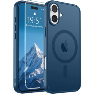 SUPFINE Magnetic for iPhone 16 Case with Screen Protector (Compatible with MagSafe) (Military Grade Drop Protection) Translucent Matte Shockproof with Anti-Fingerprint Phone Case,Deep Blue