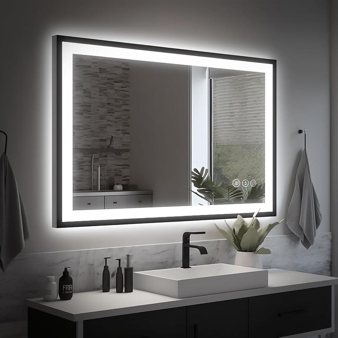 40x24 LED Bathroom Mirror - Black Aluminum Framed, Front and Backlit, Anti-Fog, Stepless Dimmable Lighted, 3 Colors Smart Vanity Mirror (Horizontal/Vertical)