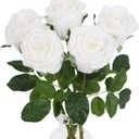 IPOPU 5 Pcs White Artificial Real Touch Roses 17.71 Latex Realistic Fake Roses for Vase Wedding Party DIY Bridal Bouquet Office Home Living Room Decor(White)