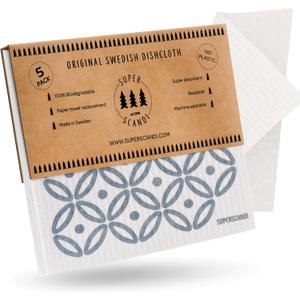 SUPERSCANDI 5 Pack Swedish Dishcloths for Kitchen - 100% Biodegradable & Compostable Reusable Paper Towels Washable, Food-Safe & Without Plastic - Dish Rags Suitable for Any Surface, Artdeco Blue