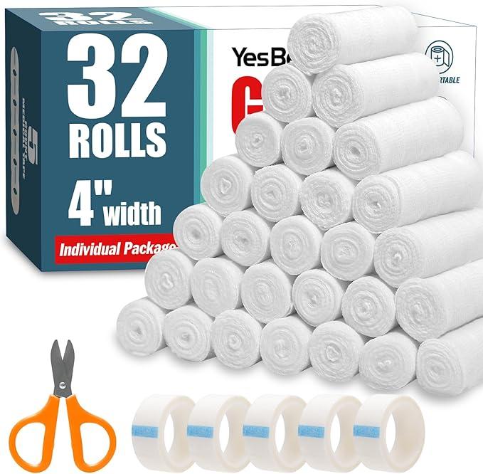 32 Pack Gauze Rolls, 4 in x 4.1 Yards, Premium Gauze Wrap Roll for Wounds, Bandage Wrap Rolled Gauzes, Mummy Wraps, Individually Wrapped