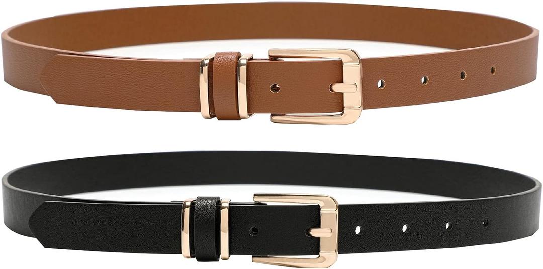 Earnda Women's Skinny Waist Belts for Jeans Dress, PU Leather Pin Buckle Thin Belt 2 Pack