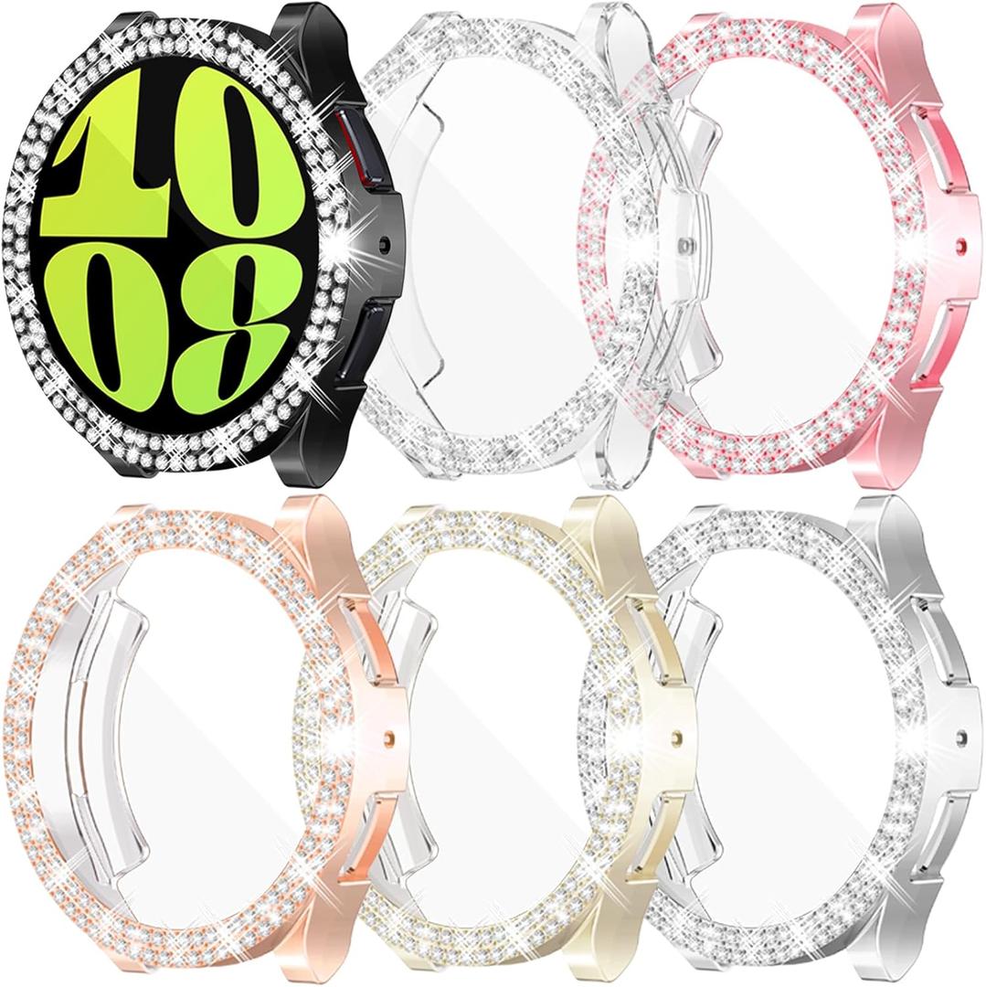 RICHONE [6Pack Compatible with Samsung Galaxy Watch 6 44mm Screen Protector Bling Face Case, Soft TPU Protective Bumper with 2 Row of 110 Rhinestones, Rose Gold,Pink, Clear,Silver,Black,Gold(SM-R940)
