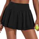 PINSPARK Womens Pleated Tennis Skirt Double Ruffle Golf Skort Tummy Control Athletic Skirts with 3 Pockets Workout Pickleball (Small, Black)
