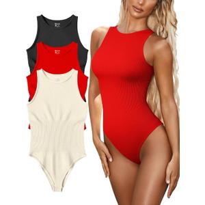 OQQ Women's 3 Piece Bodysuits Sexy Ribbed One Piece Sleeveless Halter Neck Tops Leotard Summer Trendy (Large, Black Red Beige)
