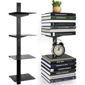 Floating Book Shelves for Wall, 4 Tier Invisible Floating Bookshelf, Vertical Spine Book Tower, Wall Mounted & Space Saving, Heavy Duty Metal Book Organizer for Home Office, 2 Pack Black (2PC-4 Tier)