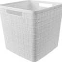 Curver Jute Decorative Plastic Organization and Storage Basket Perfect Bins for Home Office, Closet Shelves, Kitchen Pantry and All Bedroom Essentials, White, Large Cube, Set of 1