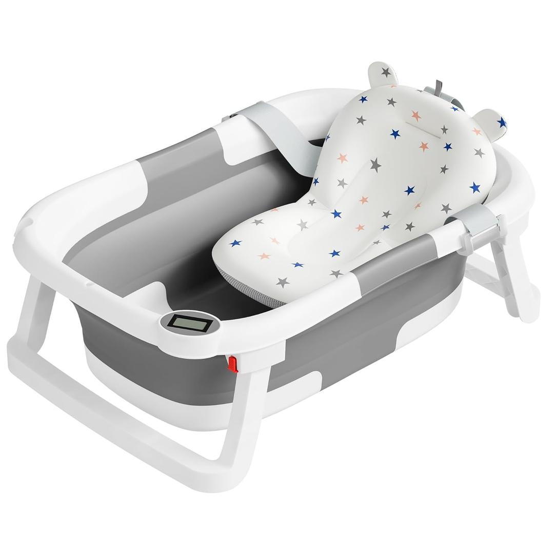 Collapsible Baby Bathtub,Baby Bath Tub with Soft Cushion & Thermometer,Baby Bathtub Newborn to Toddler 0-36 Months,Portable Travel Baby Tub (Gray)