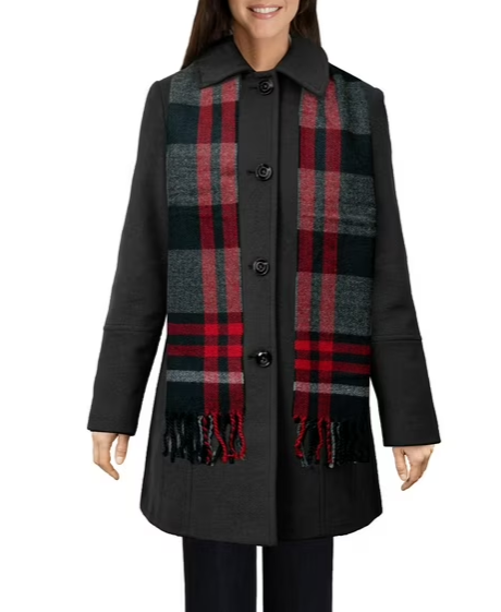 London Fog Women's Classic-Style Wool Button Coat with Coordinating Scarf (Charcoal, M)