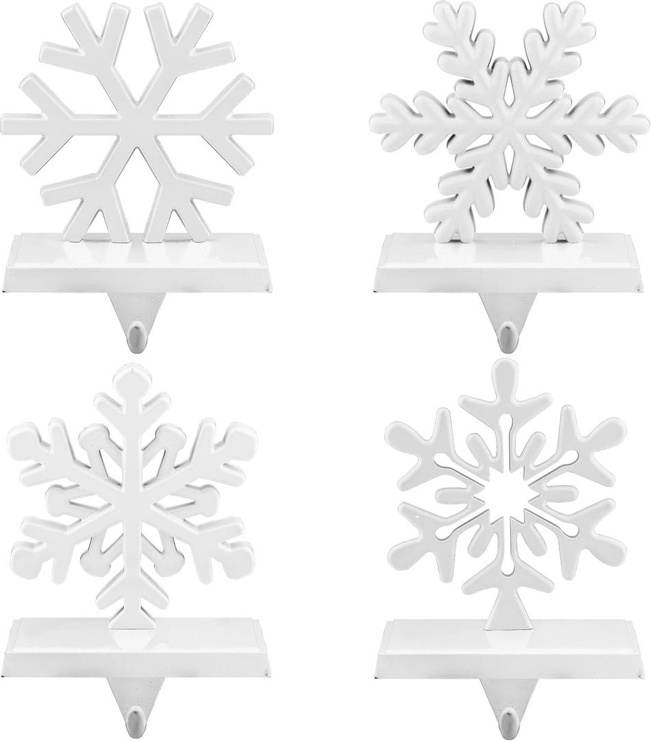 URATOT Pack of 4 Christmas Stocking Holders Snowflake Stocking Hangers Mantel Stocking Hooks for Christmas Decoration, White