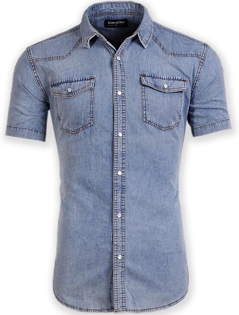 Men's Short Sleeve Double Pocket Snap Denim Shirt, XXL