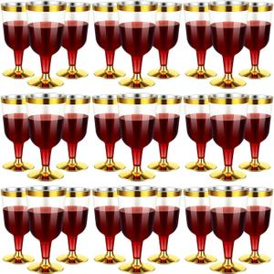 CHENGU 100 Pieces Plastic Disposable Wine Glasses with Gold Rim 7 Oz Clear Hard Plastic Fancy Wine Cups with Stem for Wedding Birthday Anniversary Party Supplies
