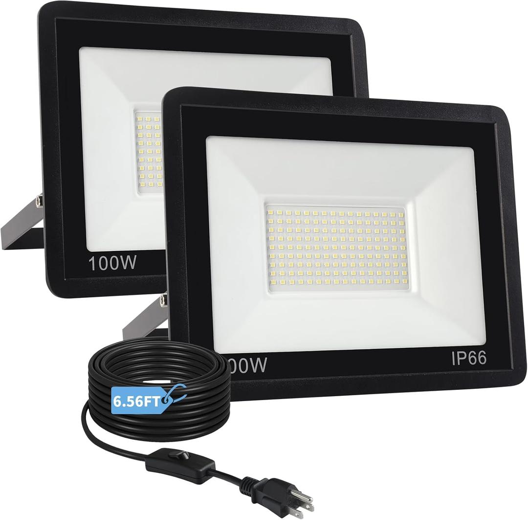 100W Flood Lights Outdoor,12000LM Bright LED Work Light,IP66 Waterproof Outdoor Lights with Switch and 6.5FT Plug,6500K Daylight White Outside Lights for YardGarage,Garden,Stadium(2 Pack)