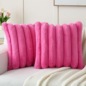 FUTEI Hot Pink Decorative Throw Pillow Covers 18x18 Inch Set of 2, Square Soft Faux Rabbit Fur Big Striped Cushion Cover,Home Decor for Couch Sofa Bed Living Room