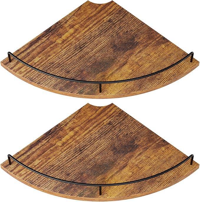 Corner Floating Shelves, Rustic Brown Wood, Set of 2, Wall Mount Storage with Guardrail for Bathroom Kitchen Living Room