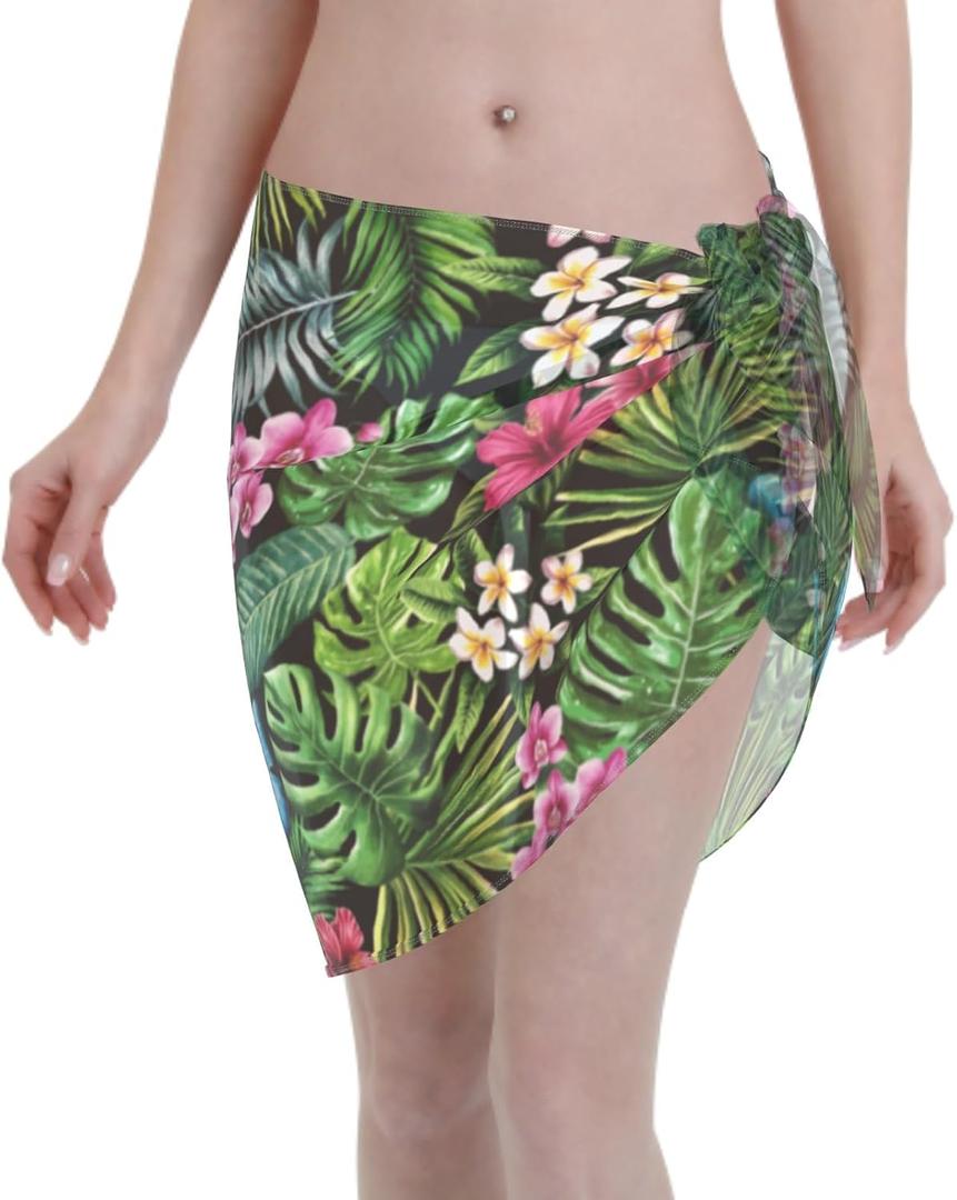 Short Sarong Wraps for Women Beach Sarongs Cover Up Bikini Wrap Skirt Swimsuit Sarong Bathing Suit Coverup (Palm Leaf Floral)