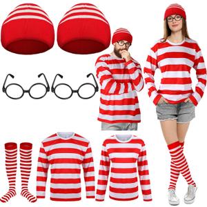 Hicarer 7 Pieces Halloween Cosplay Red and White Striped Shirt Adult Men Women's Halloween Costumes Sweatshirt Wizard Glasses Hat Sock Suits Youth Funny Sweatshirt Outfit Glasses Suits XL+ 3XL