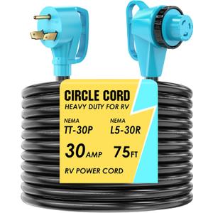 CircleCord 30 Amp 75 Feet RV Power Cord with 90 Right Angle Twist Locking, Heavy Duty 10 Gauge STW Pure Copper Wire with Grip Handle, TT-30P to L5-30R with Cord Organizer for RV Trailer Campers