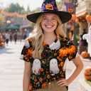 Women Halloween Shirt Funny Pumpkin Face Graphic Tees Autumn Casual V-Neck Fall Short Sleeve Loose Tops (Medium, Black)