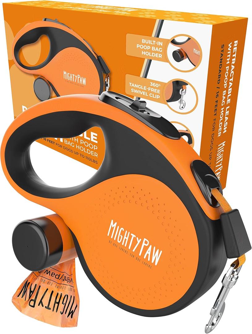 Mighty Paw Retractable Leash with Built-in Poop Bag Holder | 16' Long Retractable Dog Leash for Small Dogs, Medium Breeds & Large Pets with Tape for Quick Control. Poop Bags Included (0 - 50 lbs, Deluxe Orange)