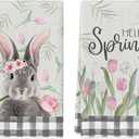 Artoid Mode Buffalo Plaid Bunny Rabbit Flowers Hello Spring Easter Kitchen Towels Dish Towels, 18x26 Inch Seasonal Decoration Hand Towels Set of 2