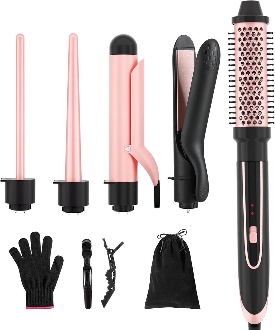 5-in-1 Curling Iron Set, Including a Curling Brush, Straightener, and 4 Interchangeable Ceramic Curling Barrels; Dual Voltage; Comes with Gloves and Hair Clips (0.351.25 inches), Rose Gold