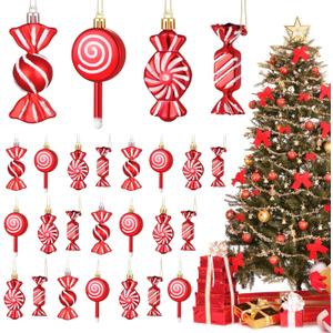 Aoriher 24 Pcs Christmas Candy Cane Ornament Plastic Peppermint Candy Cane Christmas Decorations Xmas Hanging Lollipop Pattern Decorations with Rope for Xmas Holiday Festival Decor(Vivid Style)