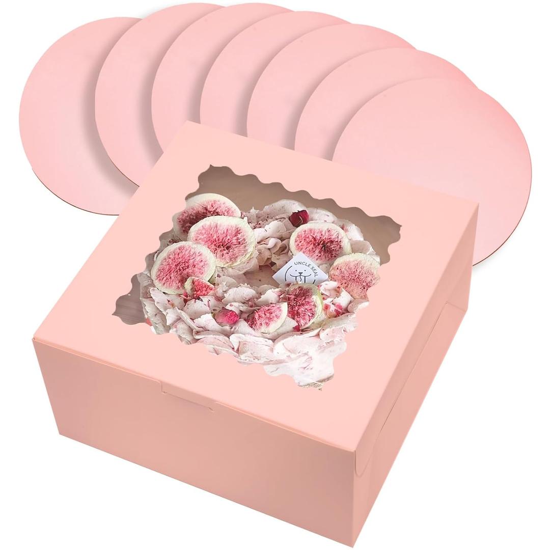 qiqee 10x10x5 Cake Box, 18 Sets Pink Cake Box with Window 18 Sets 10" Pink Cake Round Boards, 10inch Cake Containers