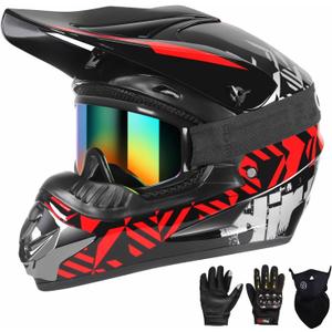SPARK DOT Youth Motocross Helmet Kids Dirt Bike Helmets - Full Face, Lightweight & Breathable for Off-Road E-Bike BMX MX ATV (with Gloves Goggles Mask) 4Pcs Set, Medium(57-58cm), Red