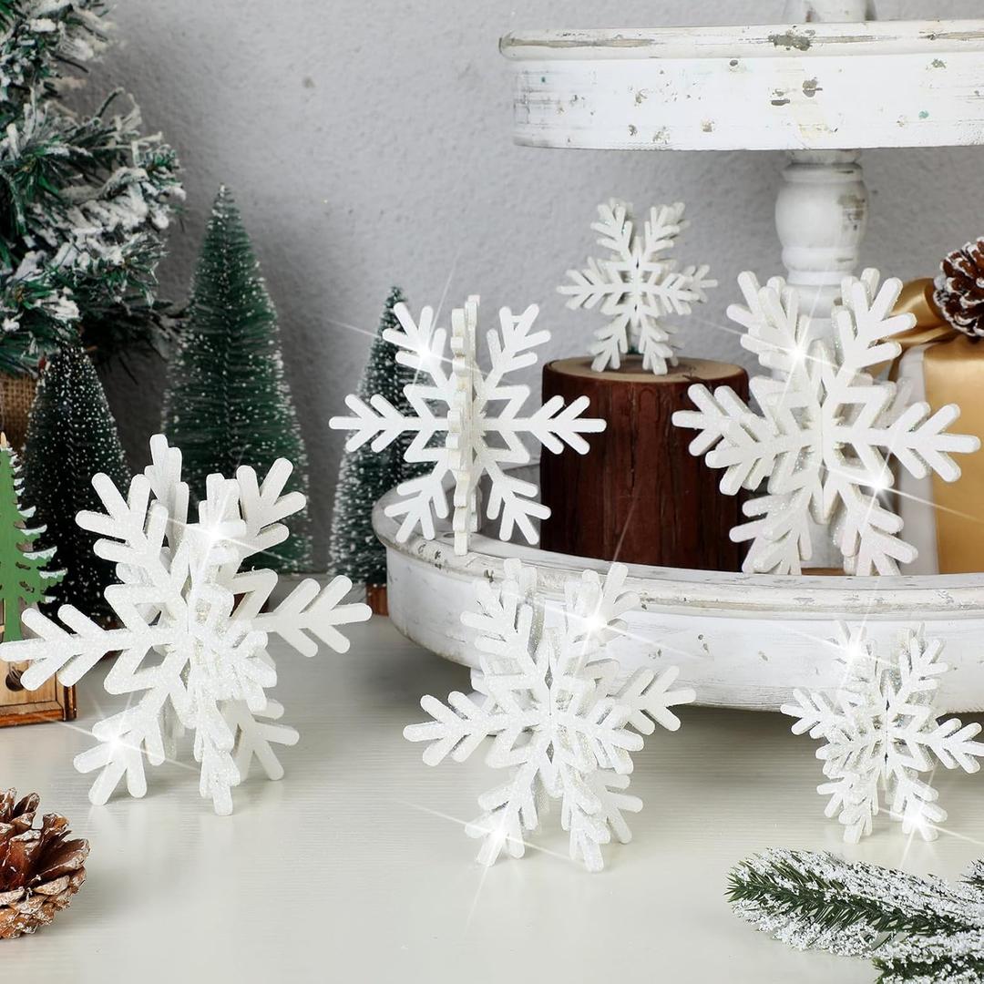 Bucherry 12 Pcs Glitter Snowflake Decorations 3D Winter Wooden Snowflake Tabletop Decor Sparkle Christmas Signs and Centerpiece for Xmas Winter Wonderland Decorations(White)