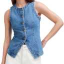Women's Denim Vest Sleeveless Button Down Casual Jean Crewneck Waistcoat Denim Top (L)
