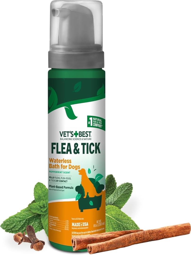 Vet's Best Natural Flea and Tick Waterless Bath for Dogs  No-Rinse Dry Foam Shampoo with Certified Essential Oils  Natural Flea Treatment with Plant-Based Ingredients  8 oz Bottle  Made in USA