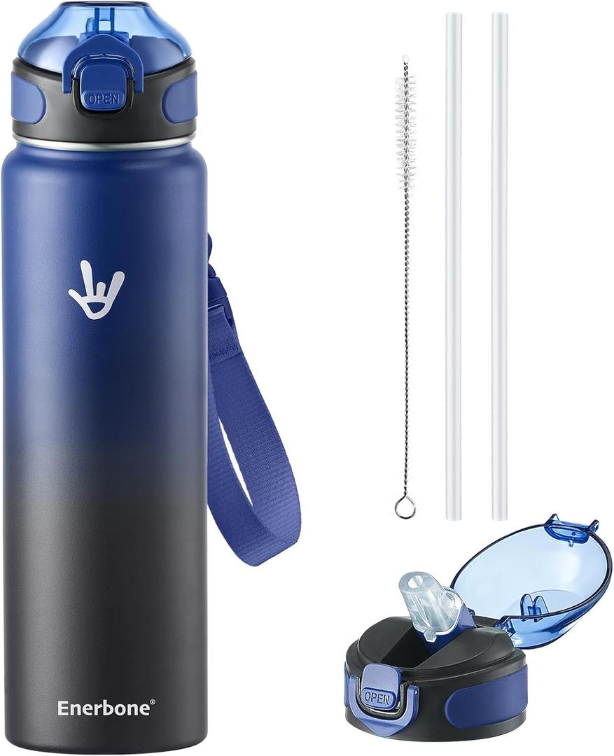 Enerbone 32 oz Insulated Water Bottle, Stainless Steel Bottle with Carrying Strap, Double-Wall Vacuum Insulation Design, Leakproof Sports Bottle with Straw, Keep Drinks Cold or Hot for Hours (Twilight)