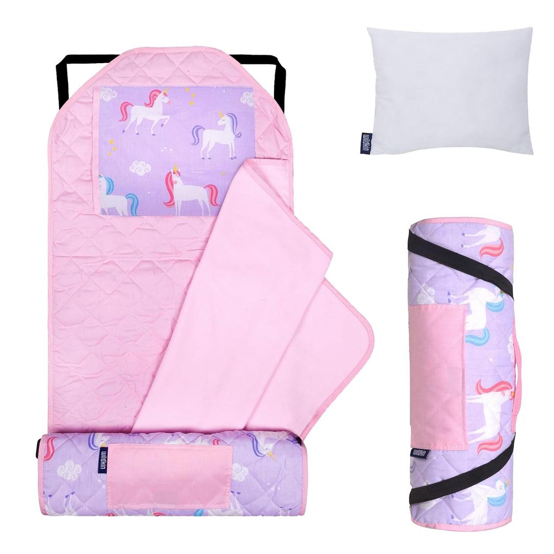 Wildkin Modern Kids Nap Mat Soft Cotton Blend with Pillow & Elastic Straps for School & Travel - Unicorn, Removable pillow, 49.5 x 20 in. mat plus 40 x 31 in. blanket, can attach to a cot, machine washable mat, preschool ready.