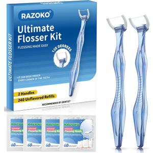 RAZOKO Flosser Kit, Shred-Resistant, Insert & Rotate 90 to 135 for Hard-to-Reach Areas, PTFE & PFAS Free, 2 Handles + 240 Refill Heads, Blue