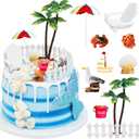 12 Pcs Hawaiian Beach Cake Decoration Summer Beach Chair and Umbrella Cake Toppers Green Palm Tree Toppers for Hawaiian Theme Birthday Wedding Party Baby Shower Party Decoration Supplies