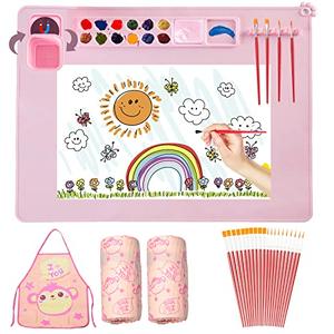 Lymoc Silicone Painting Mat,Painting Stations Kit [1x Apron,1 Pair Oversleeve,20 Pieces Brushes] Craft Silicone Mats 21"X17" with Detachable Cup for Kids Gift,Paint, Clay, DIY Projects