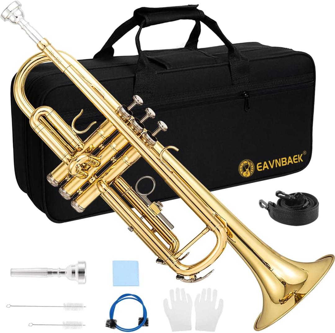 Bb Standard Trumpet Set for Beginner or Advanced Student, Brass Student Trumpet Instrument with Hard Case, Cleaning Kit, 7C Mouthpiece and Gloves (Gold)