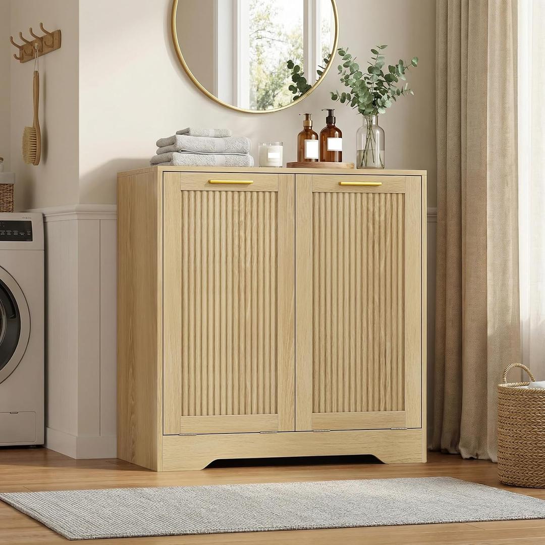 Laundry Hamper Cabinet, Small Tilt-Out Bathroom Storage Unit with Narrow Hidden Basket Chest Bathroom Cupboard, 25.6" x 13.7" x 26.7"