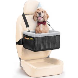 Leather Dog Car Seat for Small Dogs Under 20lbs, Dog Booster Seat with Metal Frame Construction Double-Layer Oxford Puppy Car Seats with Safety Leash Perfect for Small Pets Dogs Cats